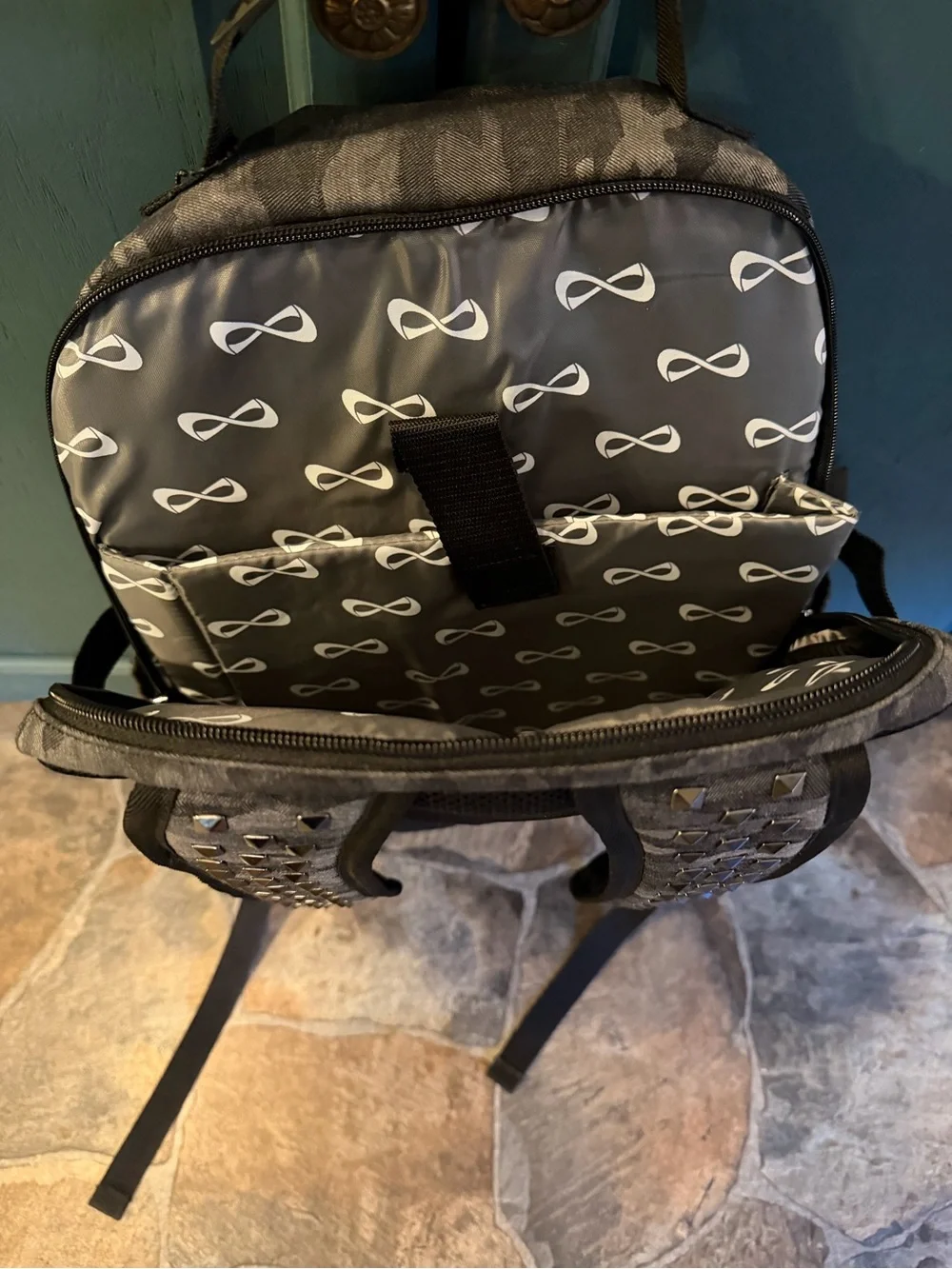 Nfinity Slate/Black Camo Women’s Cheer Backpack W/Hematite Pyramid Studs!!